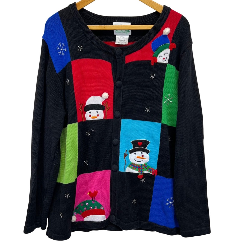 VTG 90s The Quacker Factory Cardigan‎ Sweater Snowman Large Embroidered Sequin